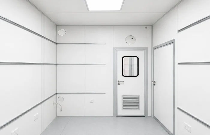 Cleanroom room with smooth wall panels flush cleanroom door service penetrations and sealed panel joints