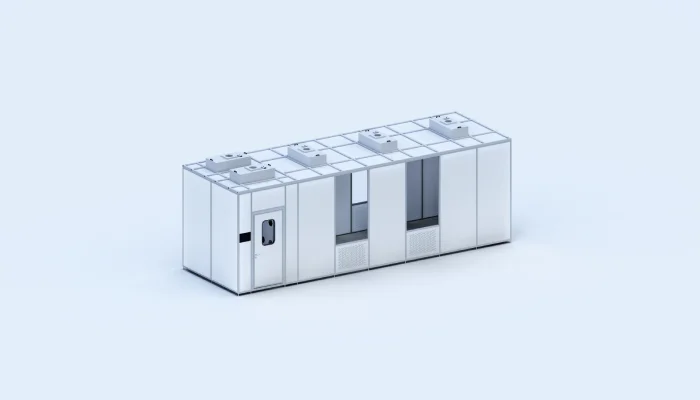 Modular cleanroom system render with roof FFU modules and cleanroom wall panels for semiconductor fab planning