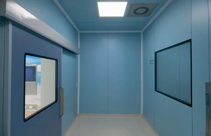 Cleanroom ceiling with sealed panels rectangular lights and air diffusers