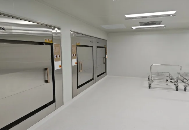 Real sterile compounding cleanroom suite with cleanroom doors windows and HEPA ceiling supply