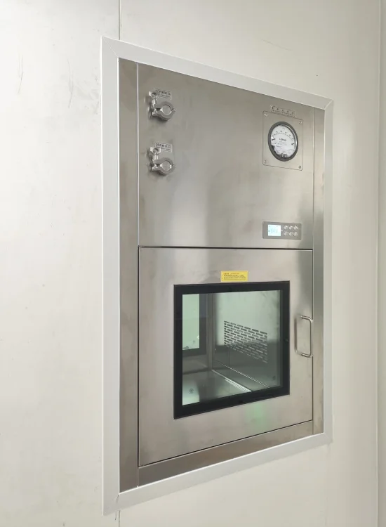Real cleanroom pass-through box with pressure gauge for pharmacy cleanroom material transfer