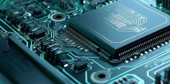 Illustrative close-up of an integrated circuit on a printed circuit board