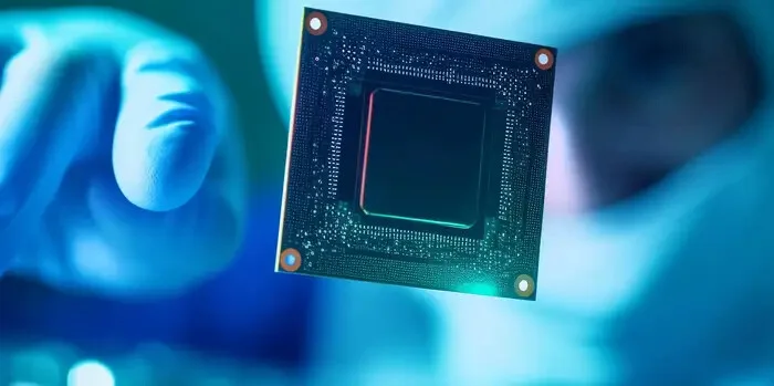 Illustrative semiconductor component handled by a gloved operator