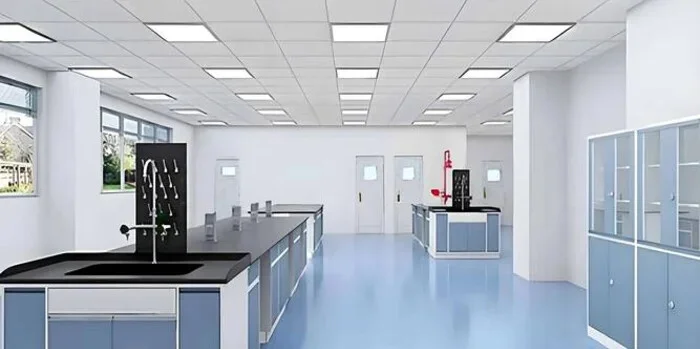 Illustrative laboratory with benches, sinks, service fittings and glazed partitions