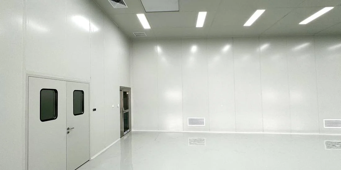 Pharmaceutical-grade cleanroom interior with seamless flush wall and ceiling panels, a sealed double door with vision windows, an integrated pass box and low-wall return-air grilles, built by Wonclean